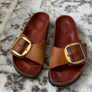 Birkenstock Madrid Big Buckle Slide Sandals - size 39 - orange and gold